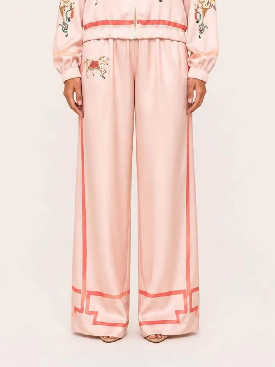 Exquisite Satin Horse Print Wide-Leg Pants