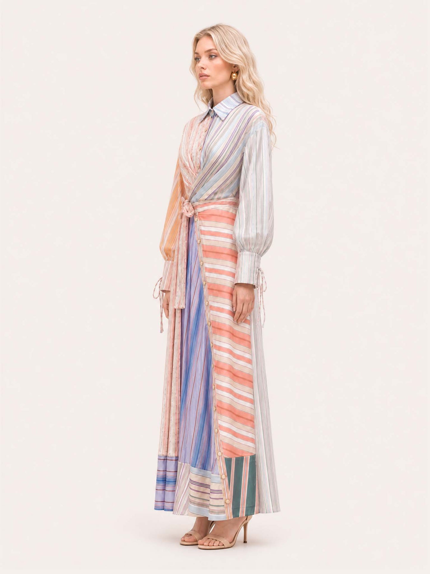 Multicolor Patchwork Stripe Print Long Sleeve Tie Maxi Shirt Dress