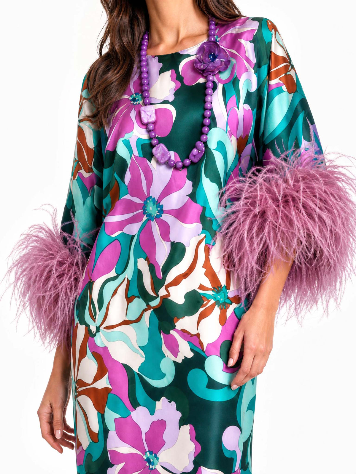 Elegant Floral Print Feather Cuff Satin Maxi Dress