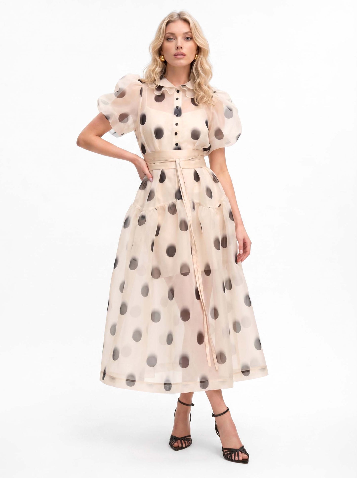 Elegant Polka Dot Organza Puff Sleeve Midi Dress