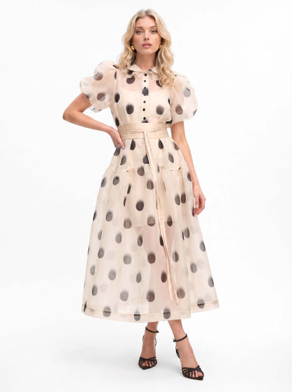 Elegant Polka Dot Organza Puff Sleeve Midi Dress