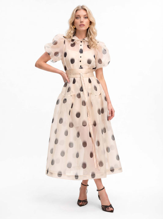 Elegant Polka Dot Organza Puff Sleeve Midi Dress