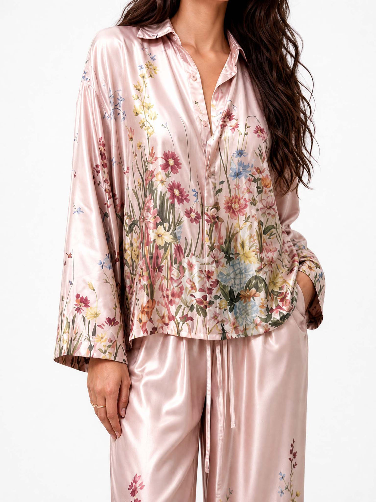 Elegant Floral Print Satin Shirt & Wide Leg Pants Set