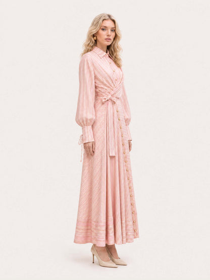 Pink Stripe Print Long Sleeve Waist Tie Maxi Shirt Dress