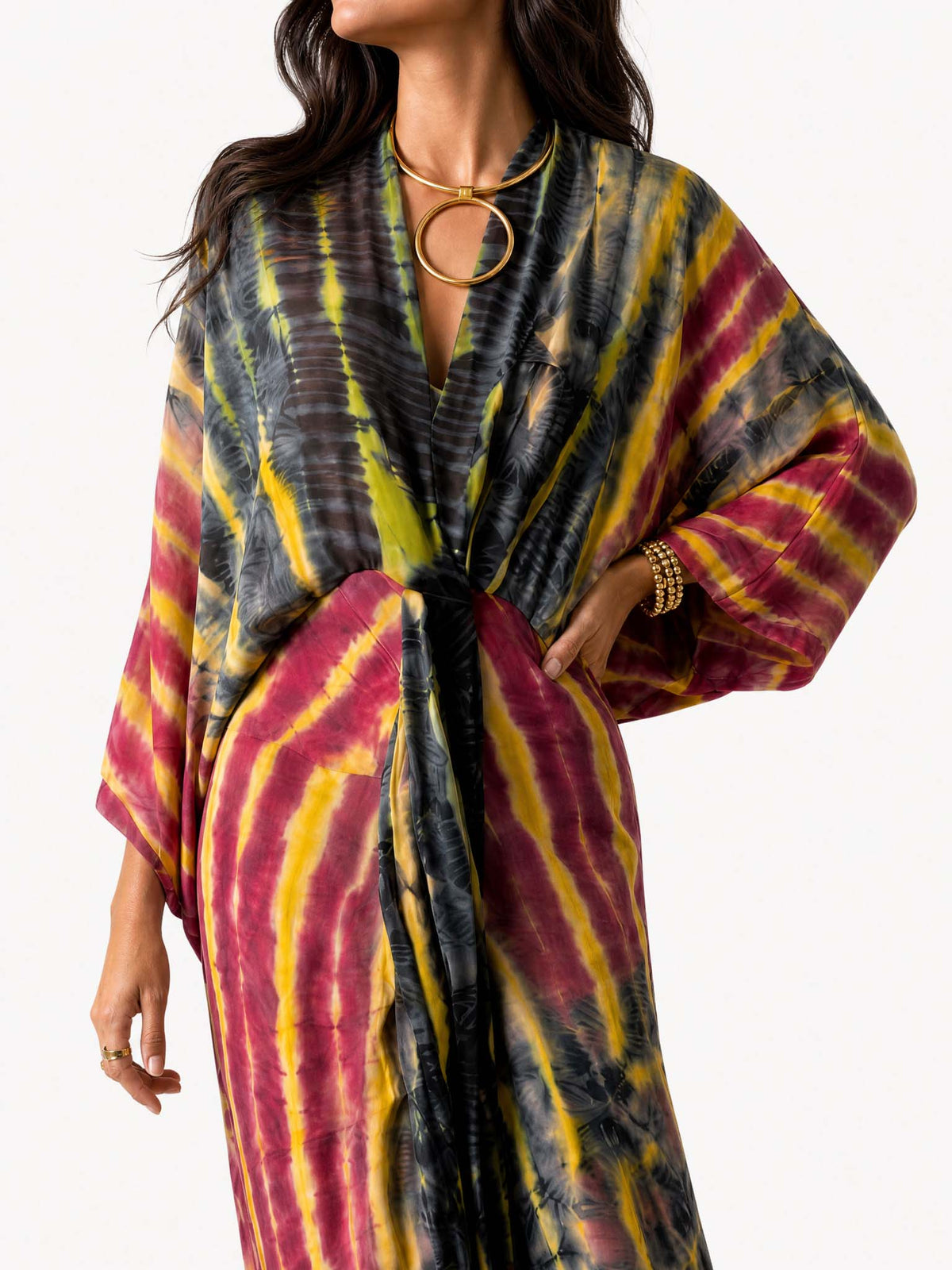 V-Neck Printed Slit Streamer Design Maxi Dress