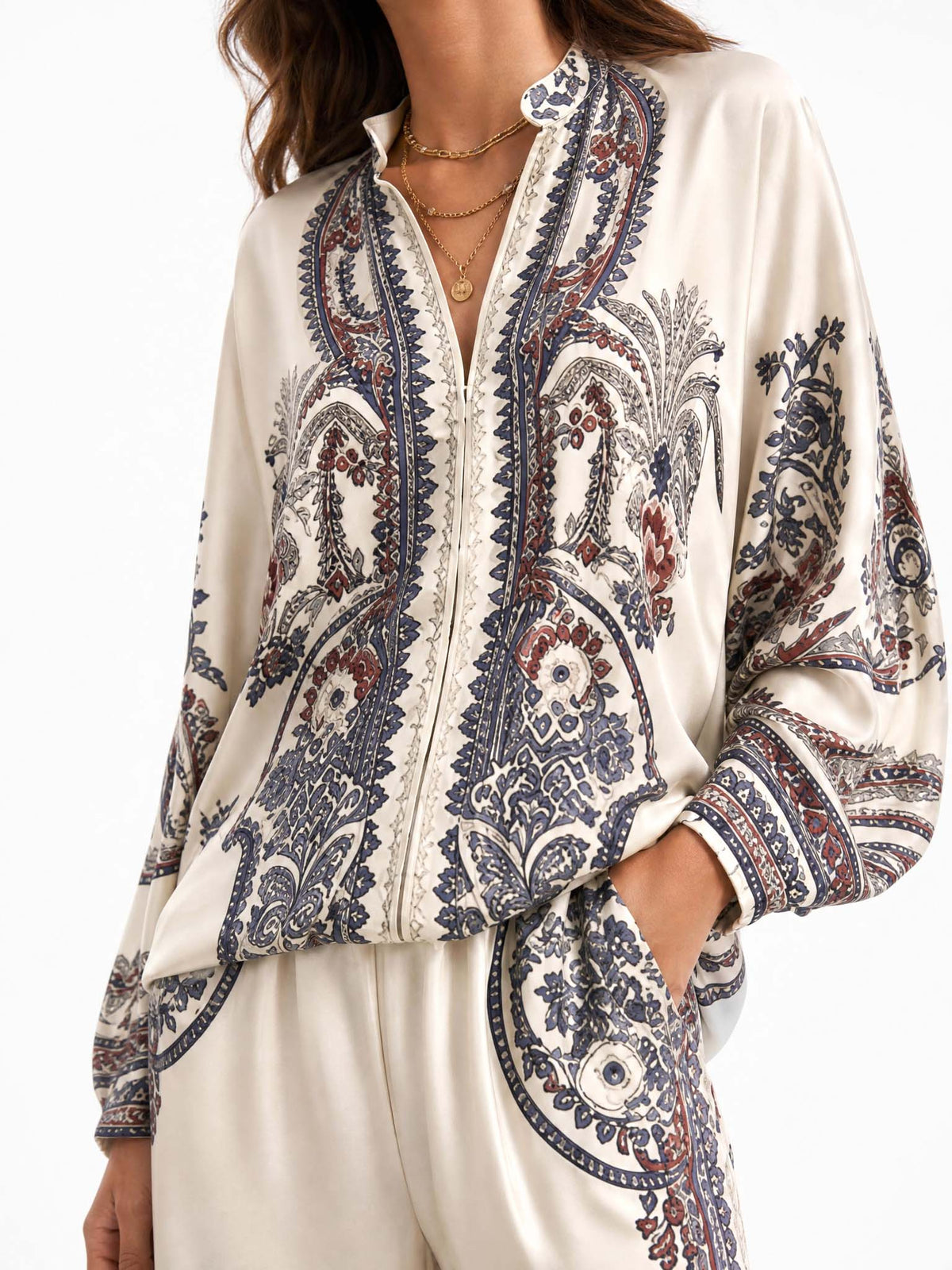 Elegant Paisley Print Zip-Up Shirt & Wide Leg Pants Set