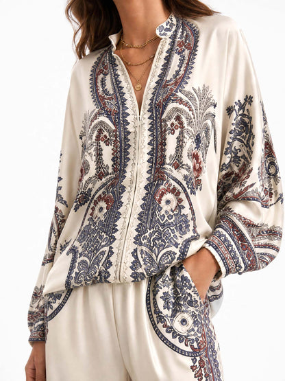 Elegant Paisley Print Zip-Up Shirt & Wide Leg Pants Set