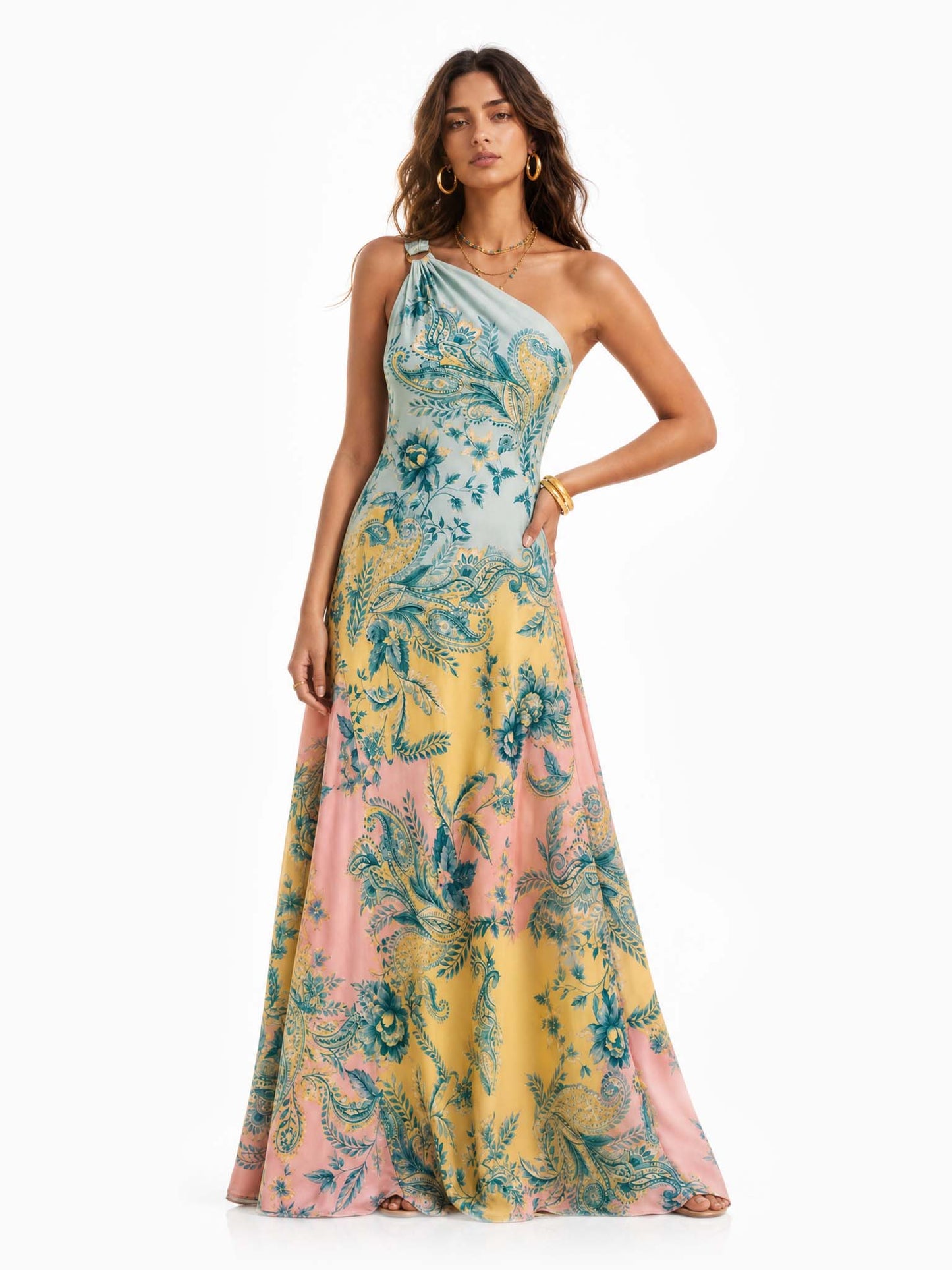 Elegant Bohemian Paisley Printed Satin Maxi Dress