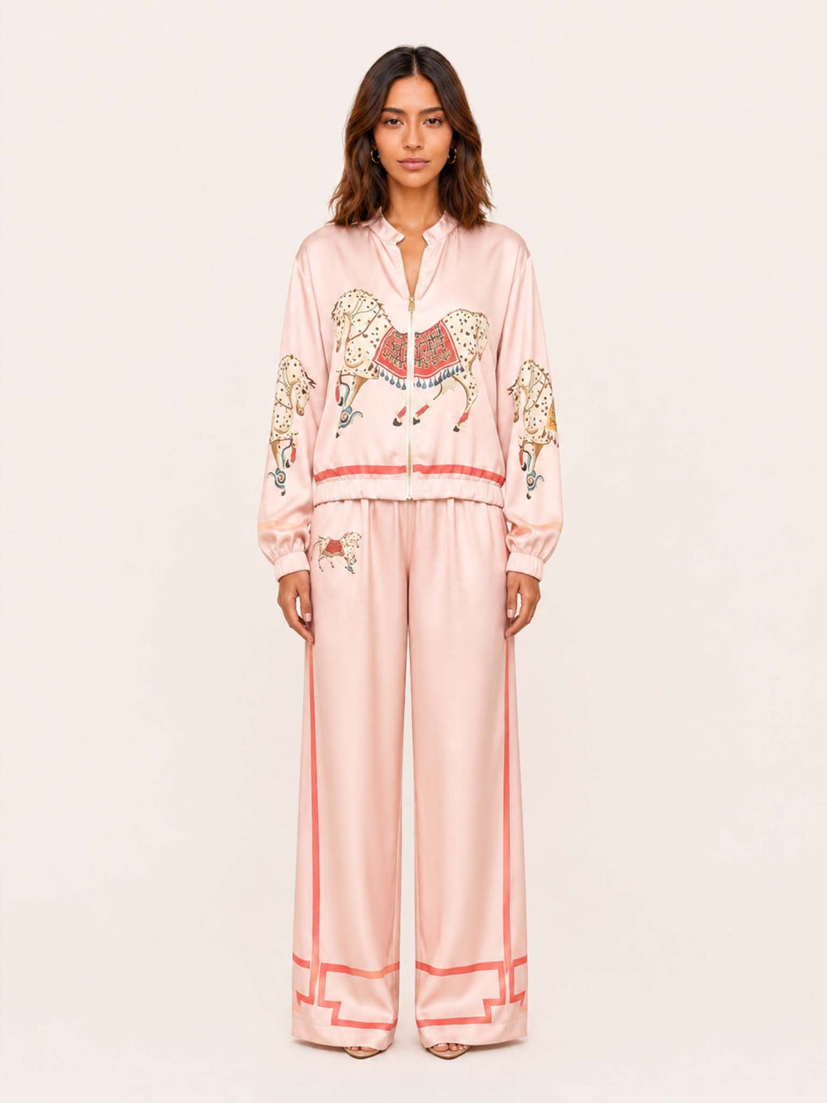 Exquisite Satin Horse Print Zip Jacket & Wide-Leg Pants Two-Piece Set