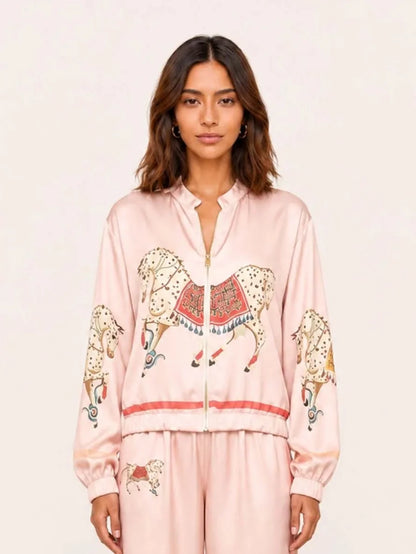 Exquisite Satin Horse Print Zip-Up Shirt