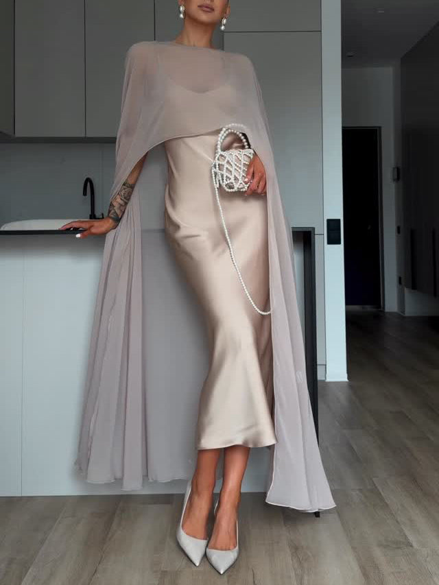 Elegant Satin and Sheer Chiffon Cape Maxi Dress