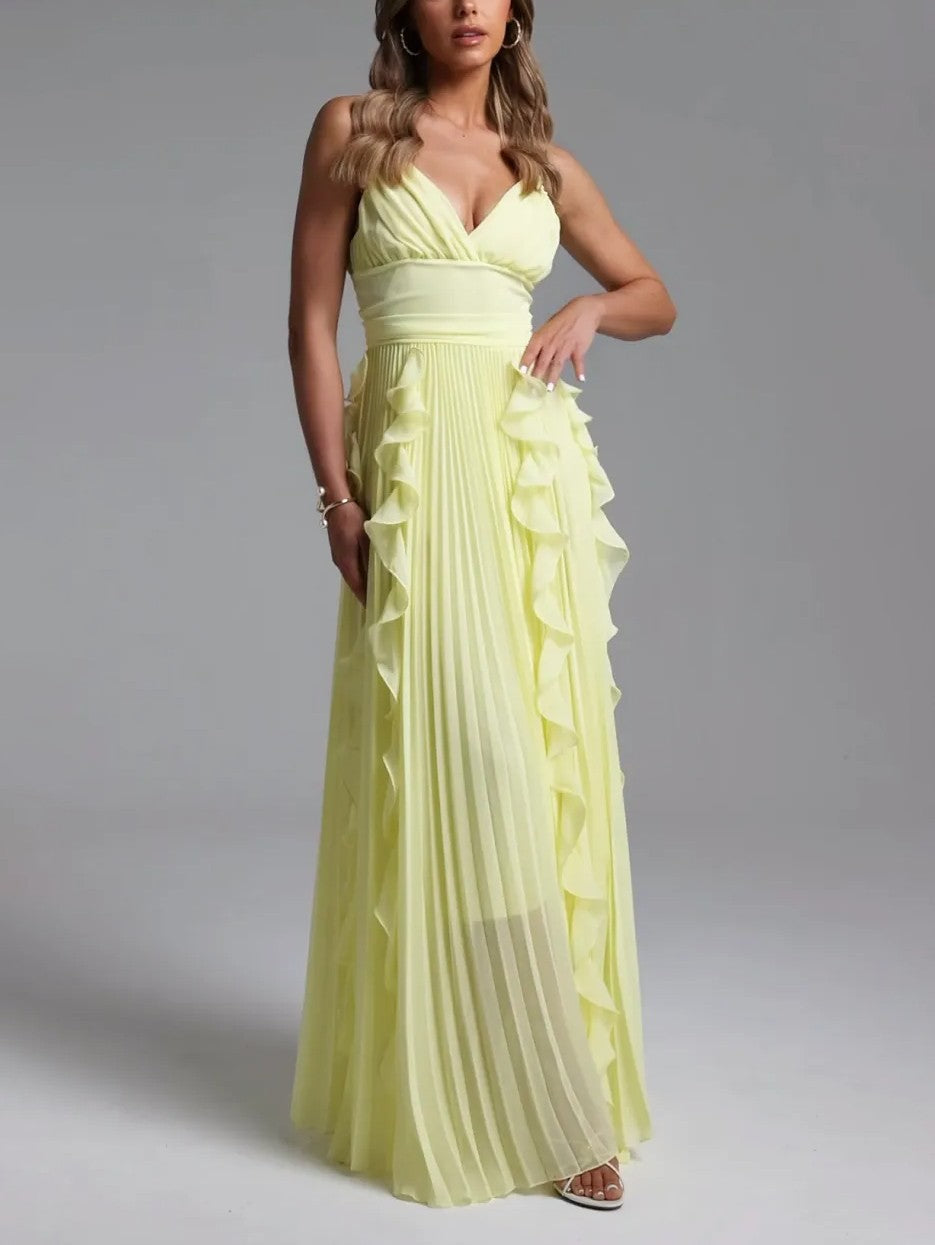 Elegant Spaghetti-Strap Ruffled Pleated Chiffon Maxi Dress