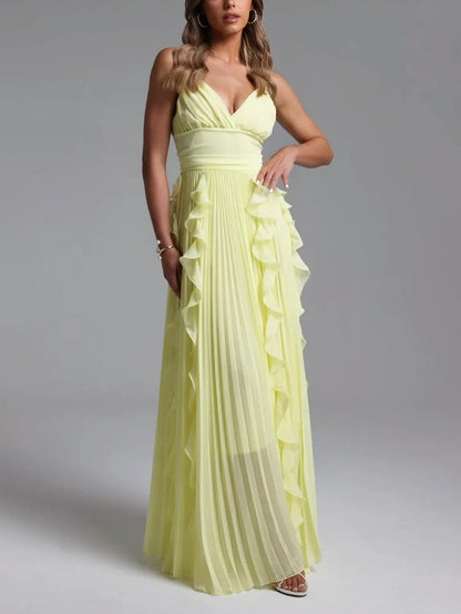 Elegant Spaghetti-Strap Ruffled Pleated Chiffon Maxi Dress
