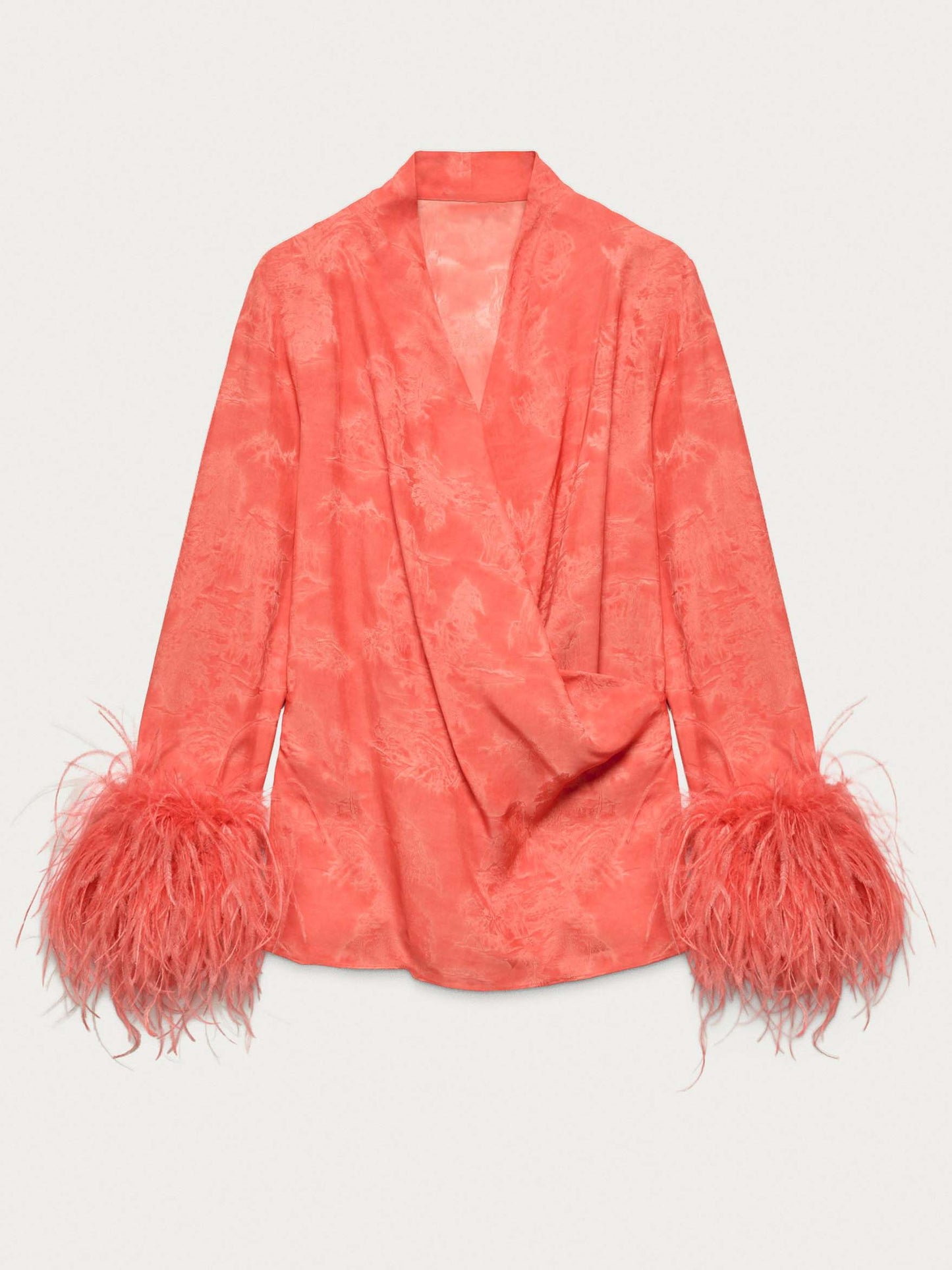 Elegant Feather Trim Jacquard Wrap Blouse & Pants Two-Piece Set