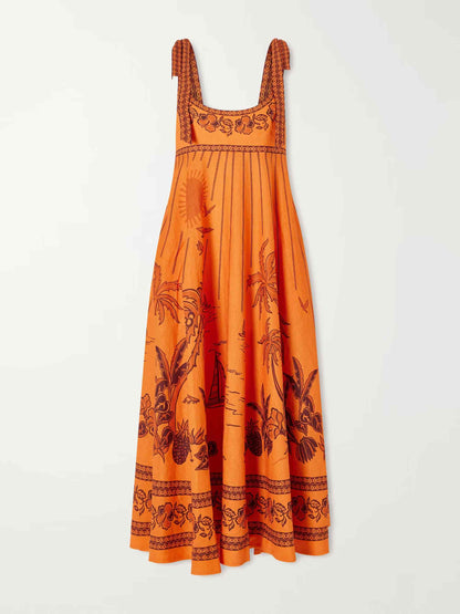 Retro Floral Print Tie-Shoulder Maxi Dress