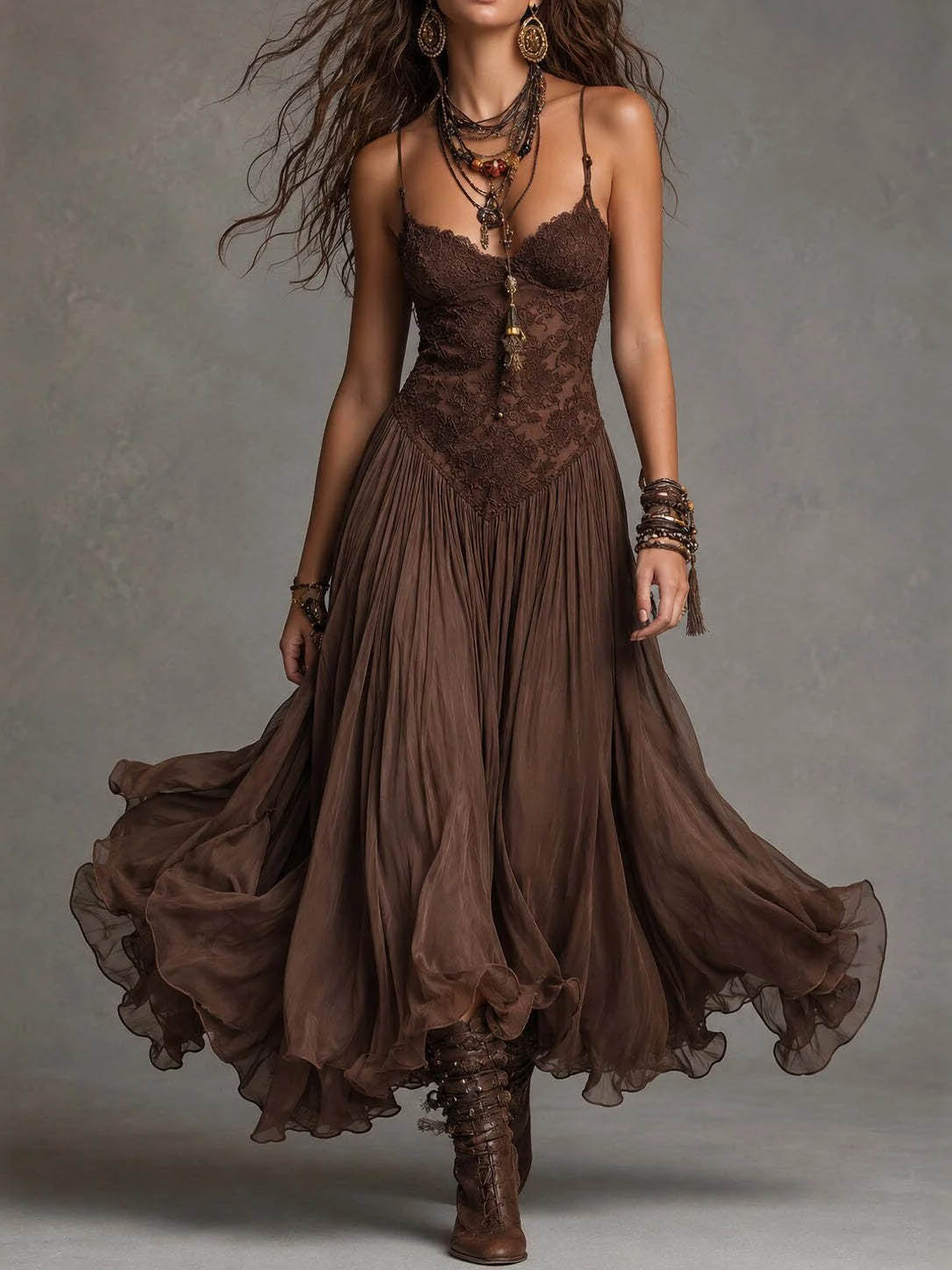 Sexy Lace V-Neck Ruffled Flowy Midi Dress
