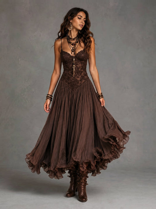 Sexy Lace V-Neck Ruffled Flowy Midi Dress