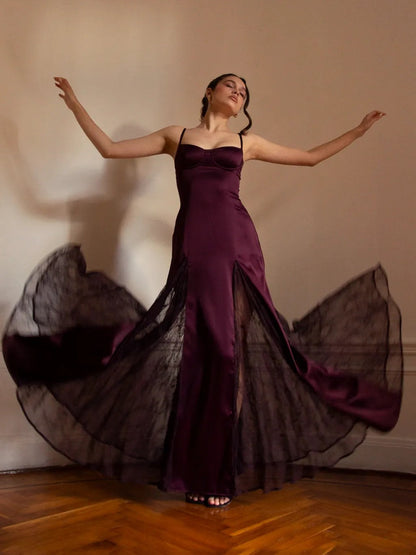 Elegant Satin Lace Patchwork Spaghetti Strap Maxi Dress