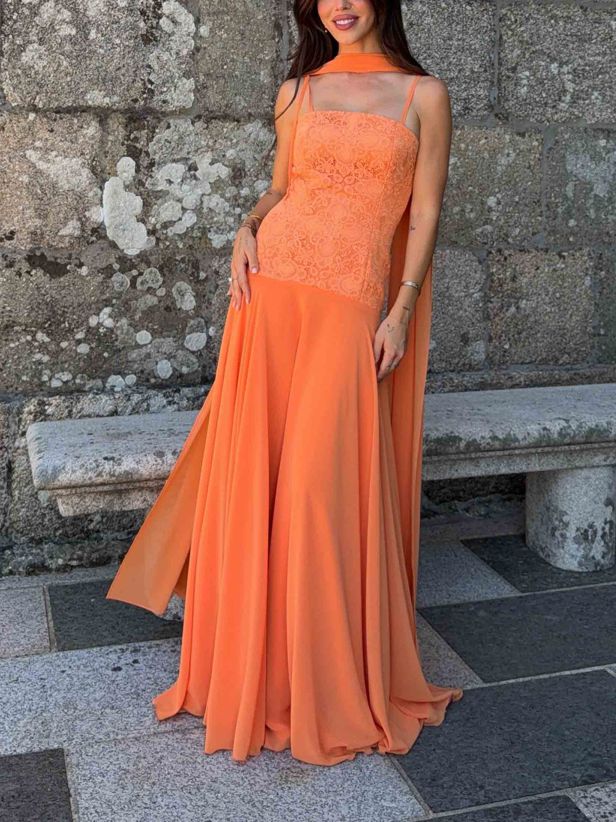 Elegant Lace Bodice Tie-Shoulder Chiffon Maxi Dress