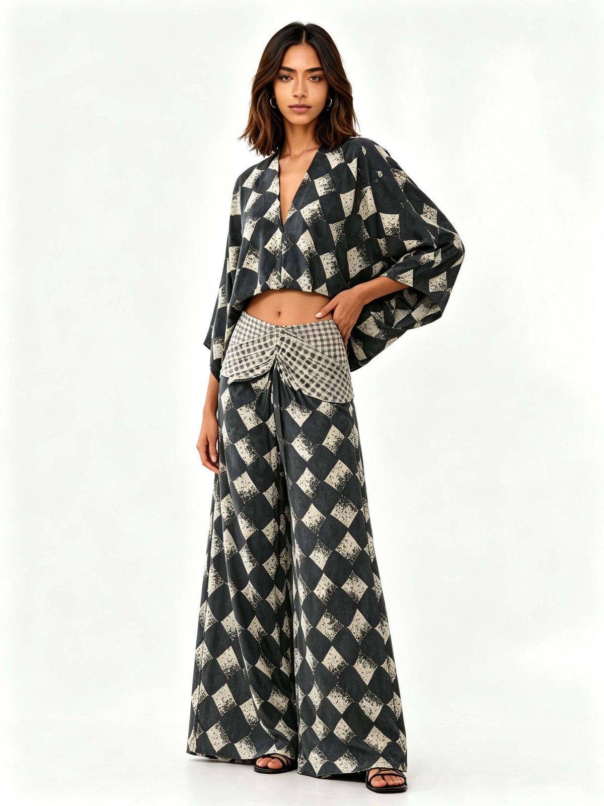 Casual Abstract Plaid Print Kimono Shirt & Pants Two-Piece Set