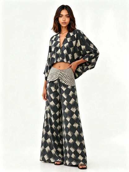 Casual Abstract Plaid Print Kimono Shirt & Pants Two-Piece Set