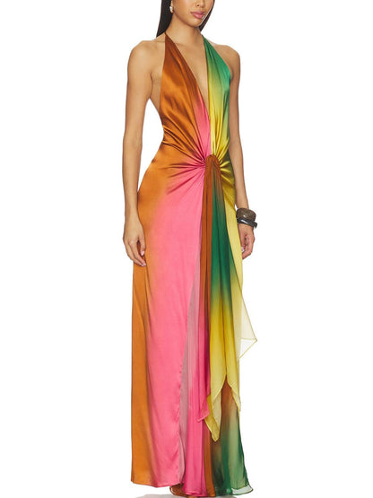 Vibrant Deep V-Neck Backless Maxi Dress