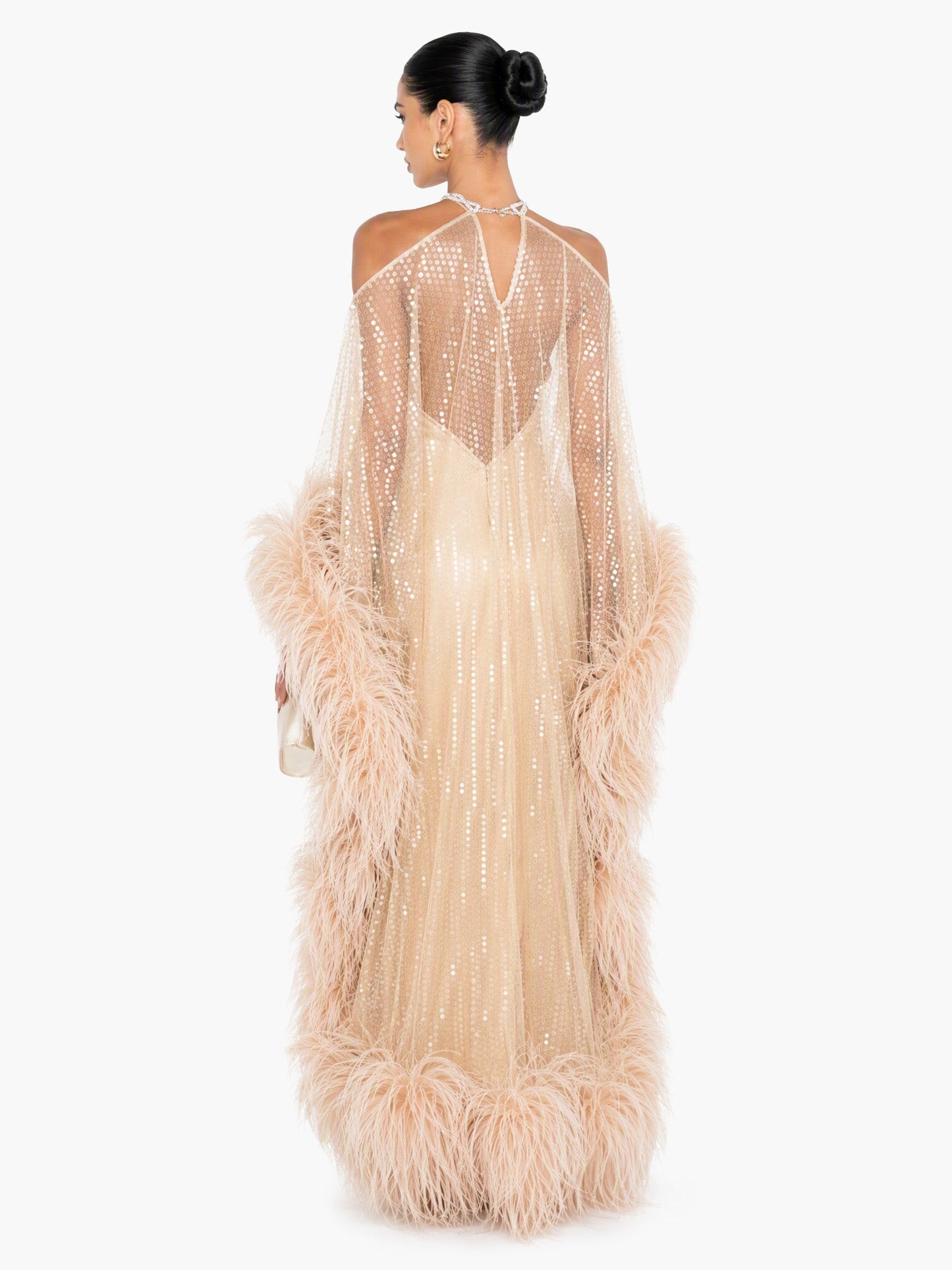 Luxury Sequined Feather Trim Cape Sleeve Maxi Dress