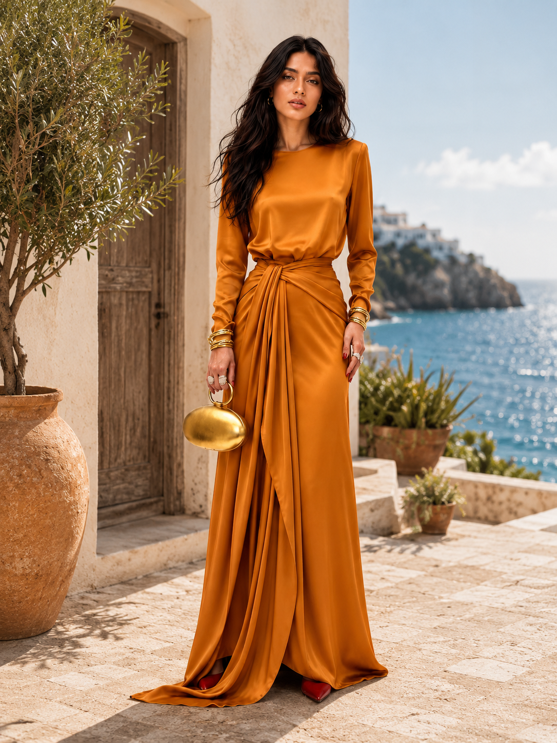 Elegant Draped Satin Maxi Dress