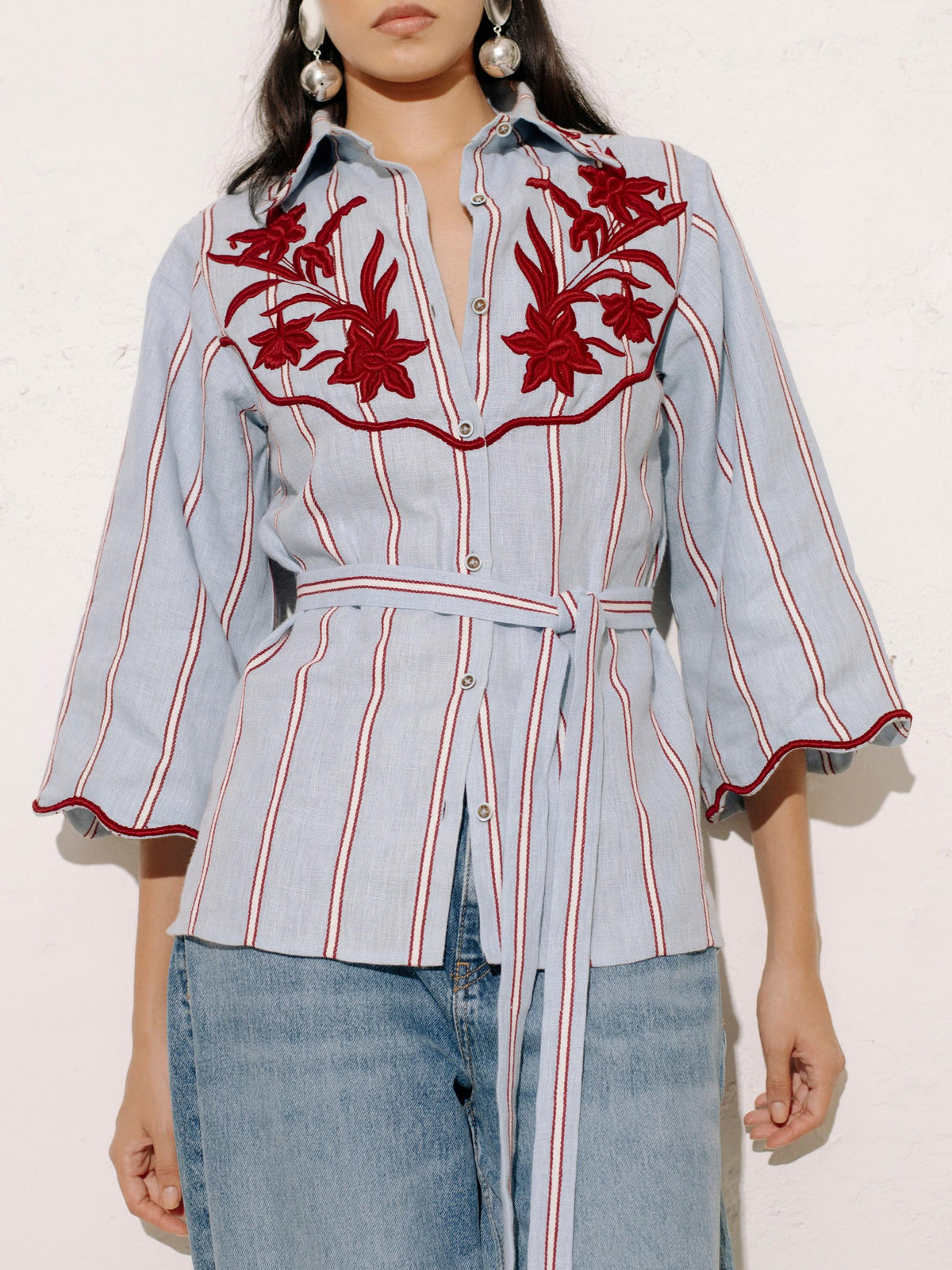 Embroidered Stripe Shirt & Flared Pants Two-Piece Set