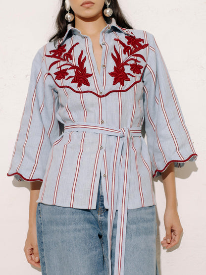 Embroidered Stripe Shirt & Flared Pants Two-Piece Set