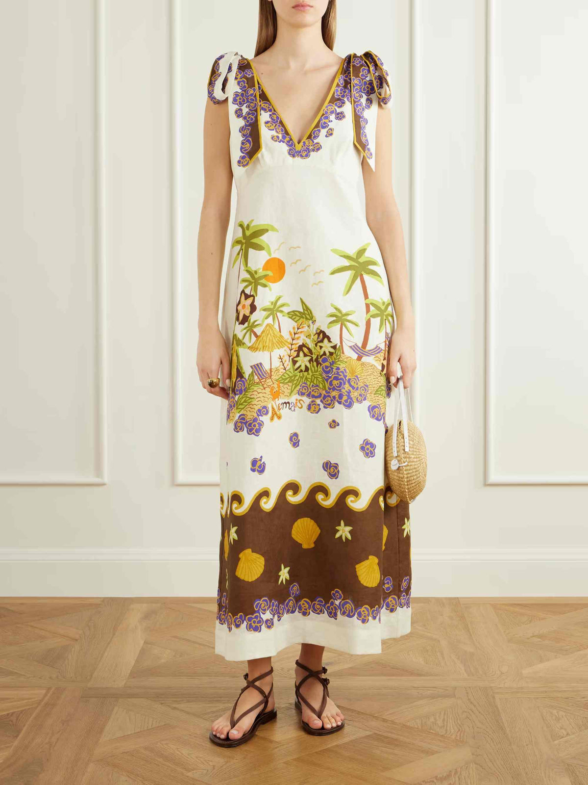 Retro Tropical Print Tie-Neck Maxi Dress