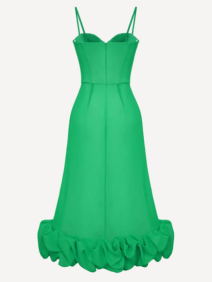 Elegant Sweetheart Ruffle Hem Satin Maxi Dress