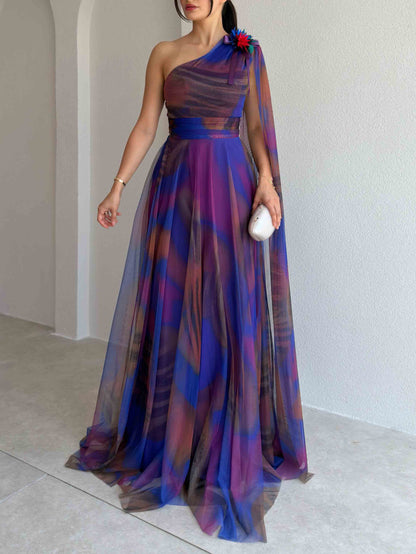 Elegant One-Shoulder Printed Tulle Cape Maxi Dress