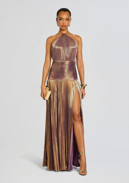 Elegant Metallic Pleated Halter Neck Maxi Dress