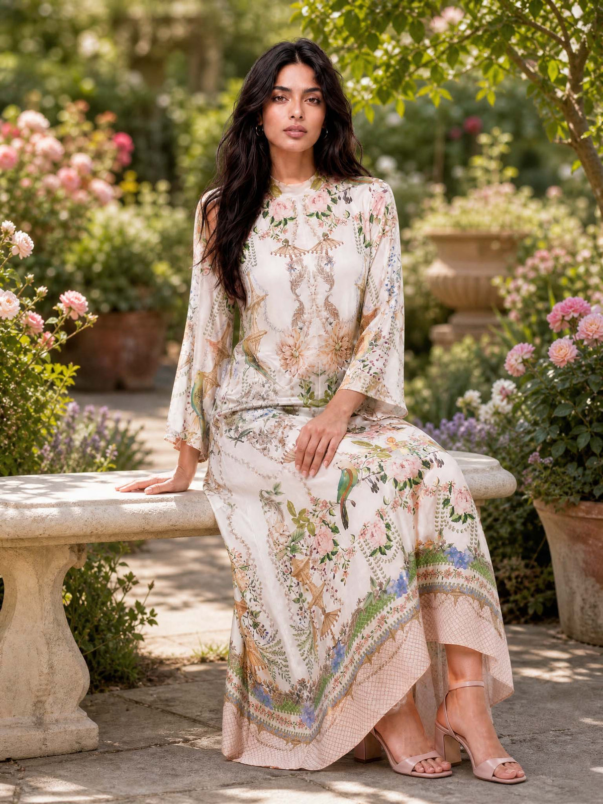 Exquisite Flared Sleeve Floral Print Satin Maxi Dress