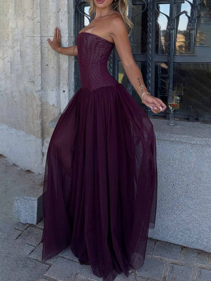 Elegant Strapless Corset Pleated Chiffon Maxi Dress
