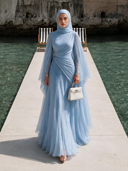 Elegant Pleated High-Neck Cape Sleeve Chiffon Maxi Dress