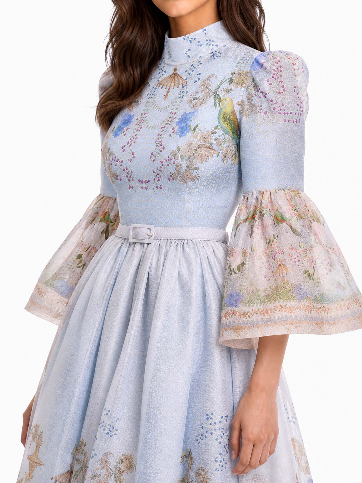 Retro Garden Print Flared Sleeve Midi Dress