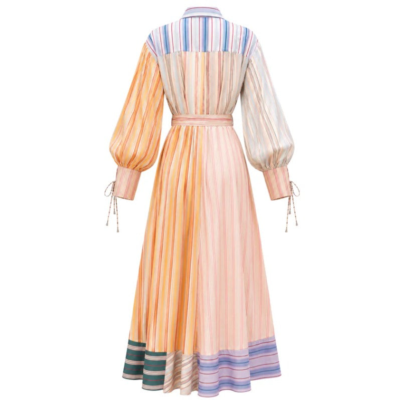 Multicolor Patchwork Stripe Print Long Sleeve Tie Maxi Shirt Dress
