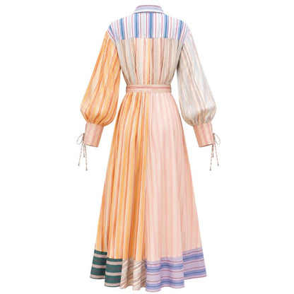 Multicolor Patchwork Stripe Print Long Sleeve Tie Maxi Shirt Dress