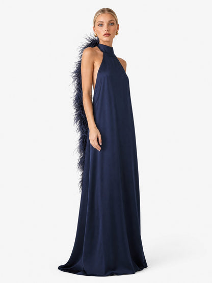 Elegant Satin Halter Feather-Trim Maxi Dress
