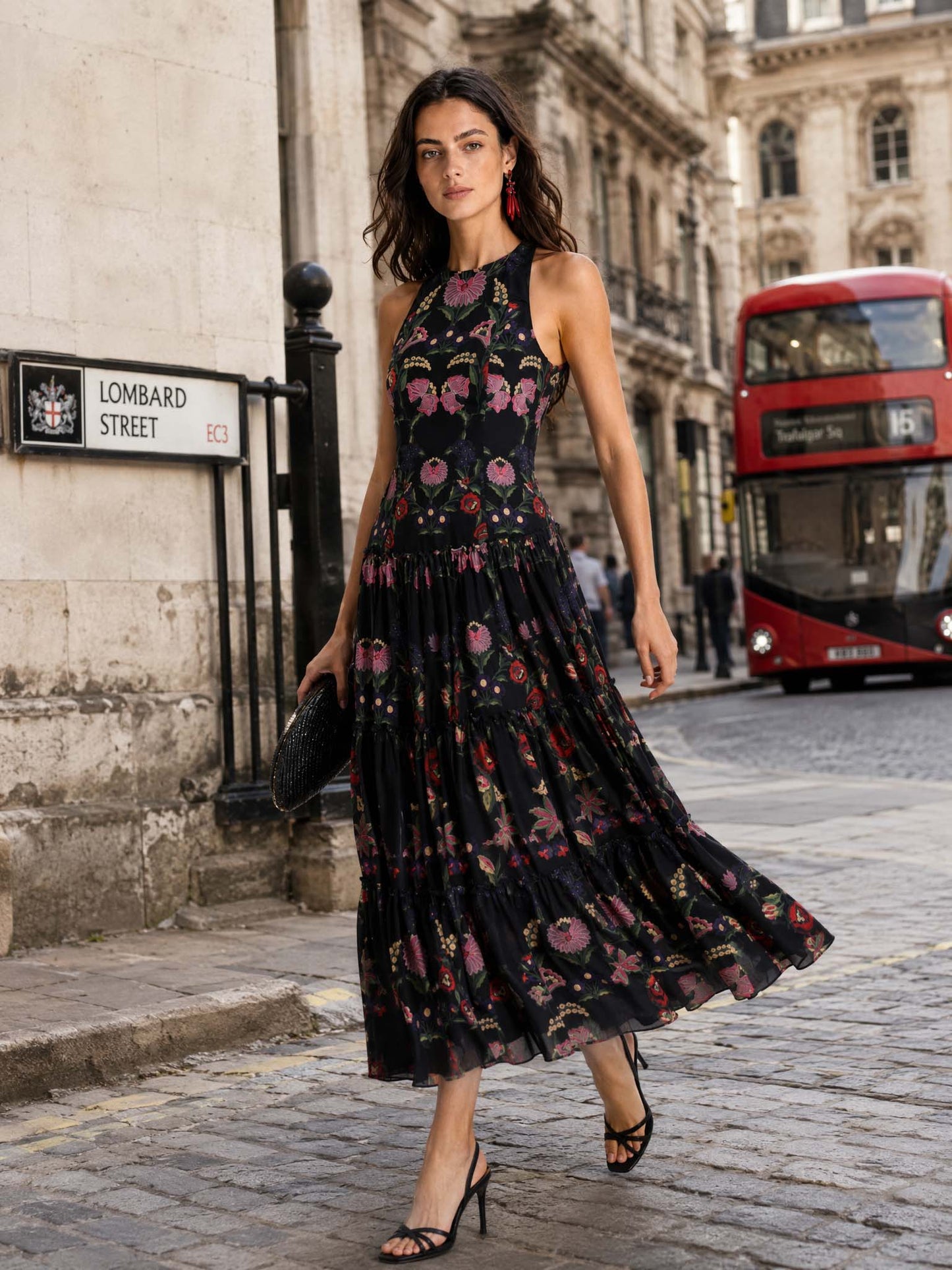 Elegant Backless Printed Layered Chiffon Flowing Maxi Dress