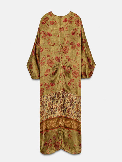 Retro Floral Print Satin Long Kaftan Dress