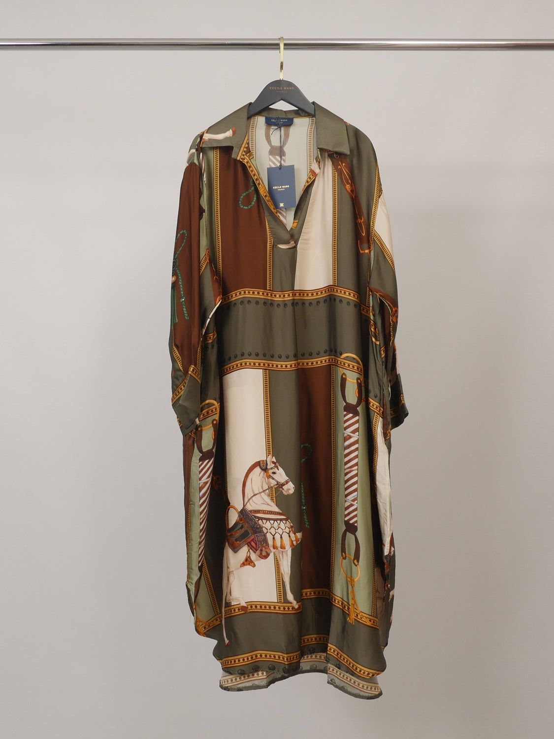 Retro Equestrian Print Shirt Midi Dress
