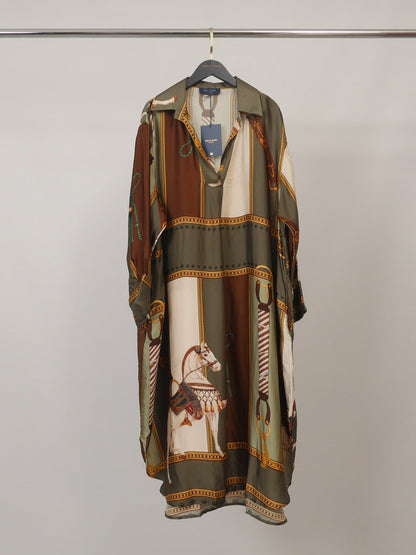 Retro Equestrian Print Shirt Midi Dress