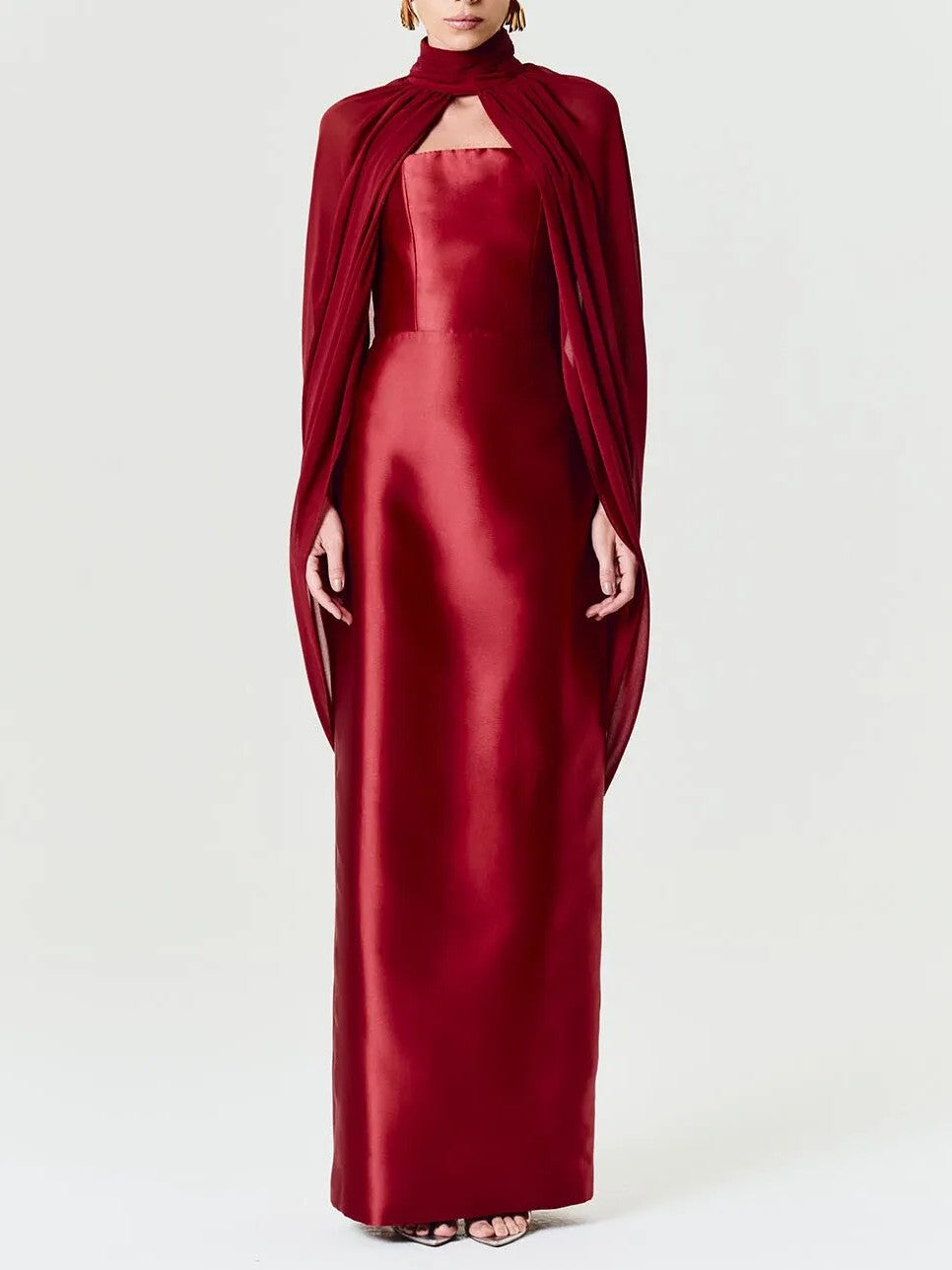 Elegant Satin Strapless Maxi Dress with Chiffon Cape