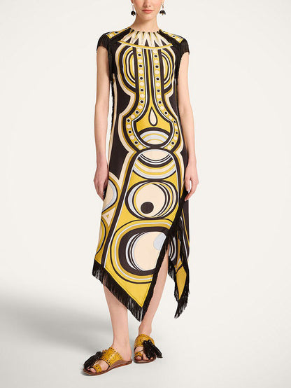 Retro Geometric Print Fringe Trim Asymmetrical Midi Dress