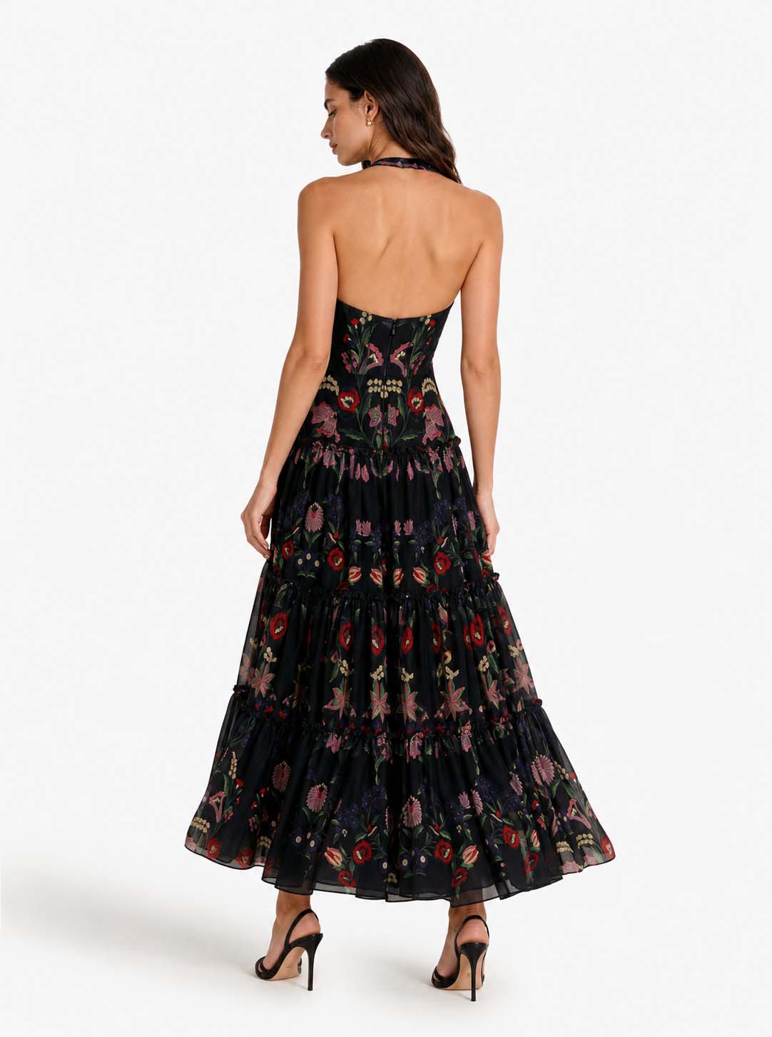 Elegant Backless Printed Layered Chiffon Flowing Maxi Dress