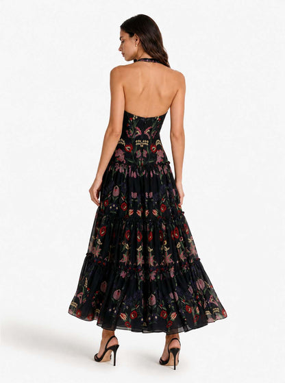 Elegant Backless Printed Layered Chiffon Flowing Maxi Dress