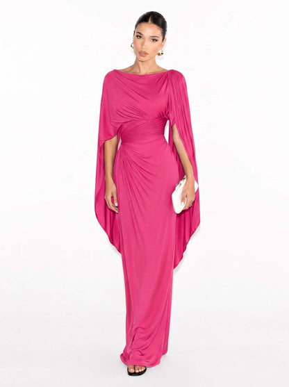 Boat Neck Pleated Slim Fit Maxi Dress